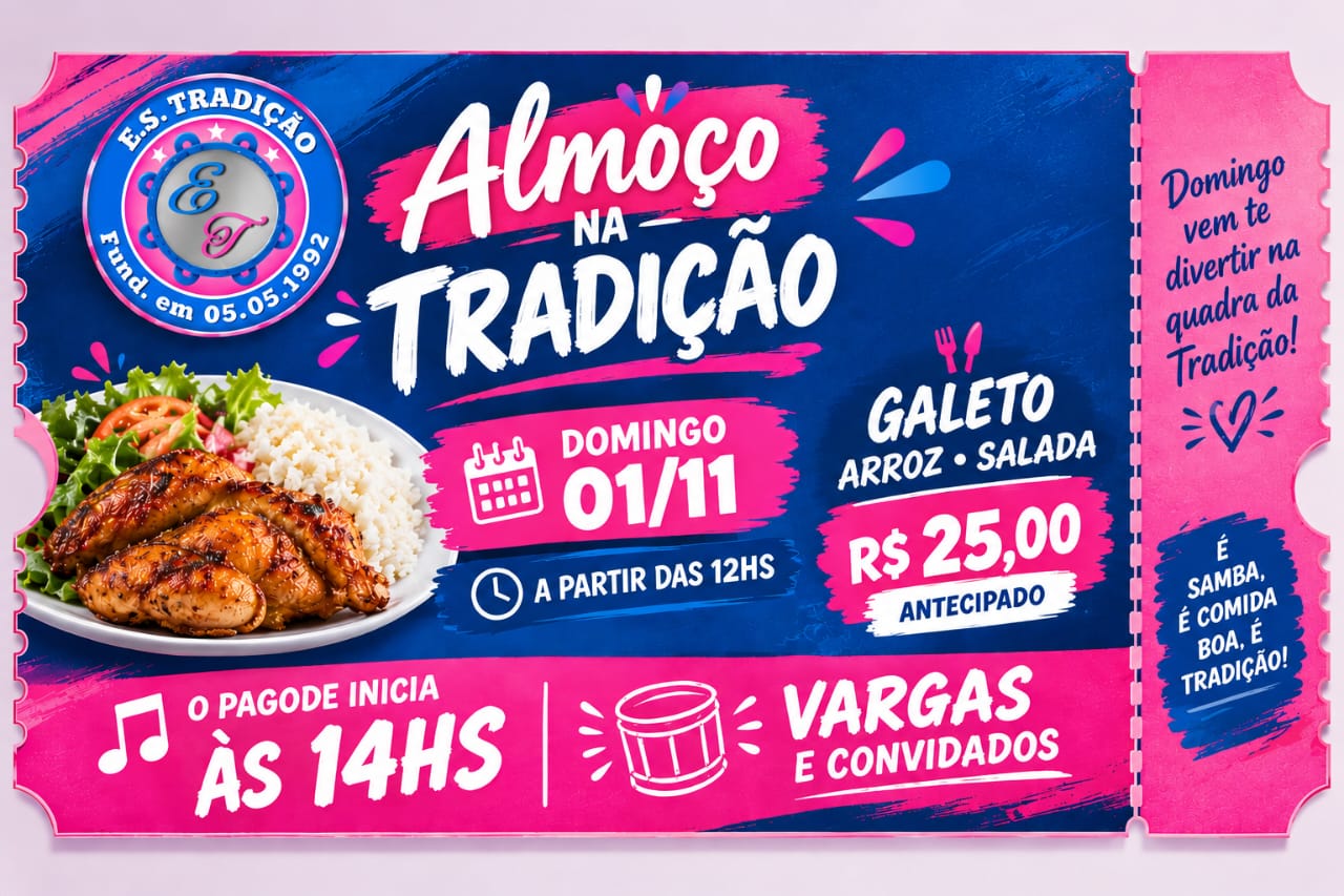 Escola de Samba Tradição promove almoço e roda de samba neste domingo